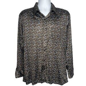 Vintage 70s Oleg Cassini Satin Disco Shirt Sz XL Brown Blue Paisley Long Sleeve